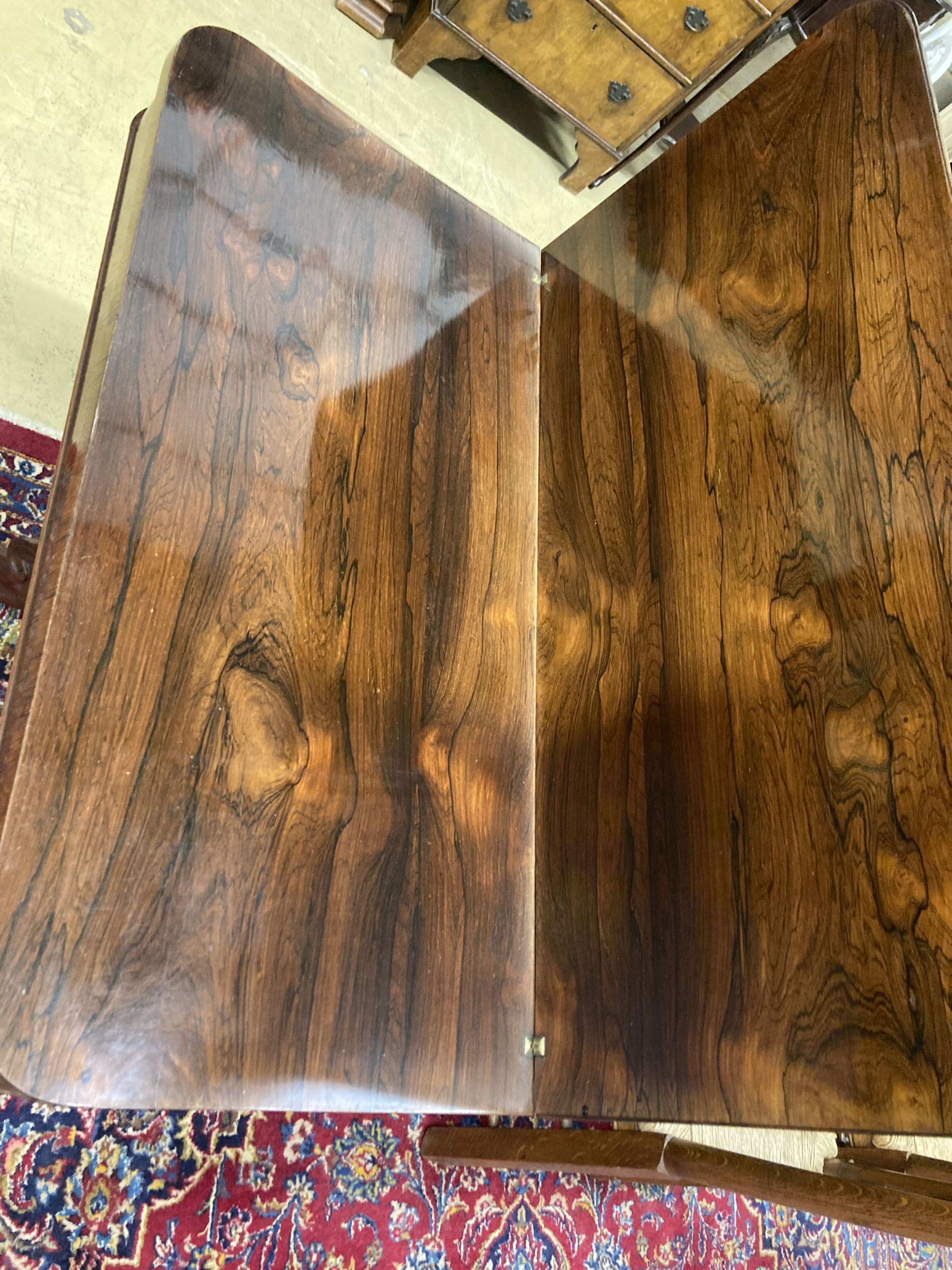 A mid Victorian rectangular rosewood folding tea table, width 92cm, depth 46cm, height 78cm